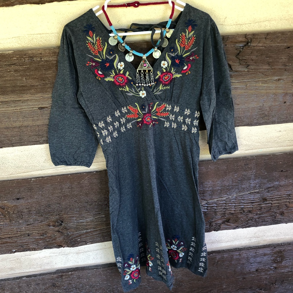 Johnny Was Jwla Cotton Gray Floral Embroidered Boho Dress Ties Wrap Knit V-Neck